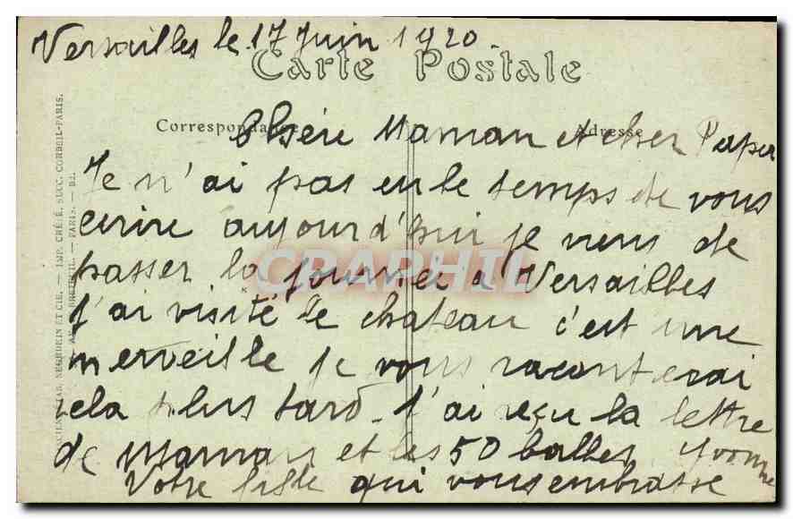 CPA Palais de Versailles galerie des Glaces ou fut signe le 28 juin 1919 le Traite de Paix entre les — Verso