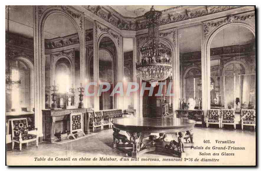 Table du Conseil en chêne de Malabar, d'un seul morceau, mesurant 2m76 de diamètre — Salon des Glaces, Palais du Grand Trianon, Versailles — n°403