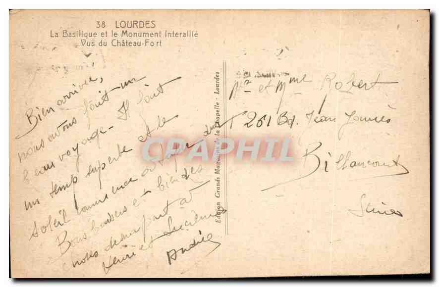 CPA Lourdes La Basilique et le Monument interaille Vus du Chateau Fort  — Verso