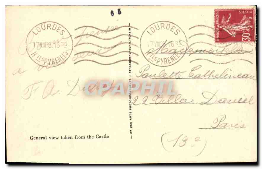 CPA Lourdes vue generale prise du chateau fort  — Verso