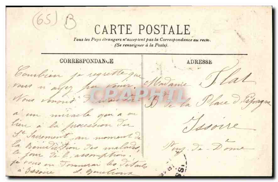 CPA Lourdes la Grotte  — Verso