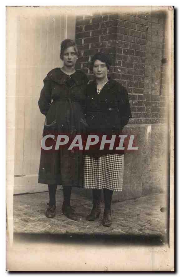 Two Women — In Front of a Brick Wall — Anonymous Postcard