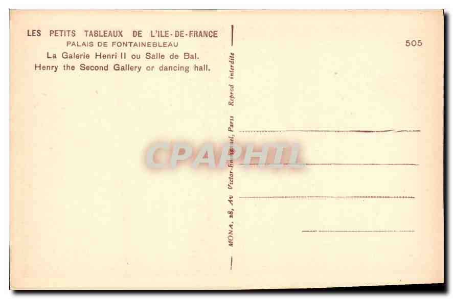 Sala da ballo del Palazzo di Fontainebleau — Galerie Henri II — editore MONA, n° 505 — Verso