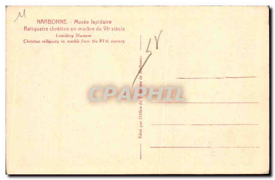 CPA Narbonne Musee Lapidaire Reliquaire Chrelien en marbre du VI siecle  — Rückseite
