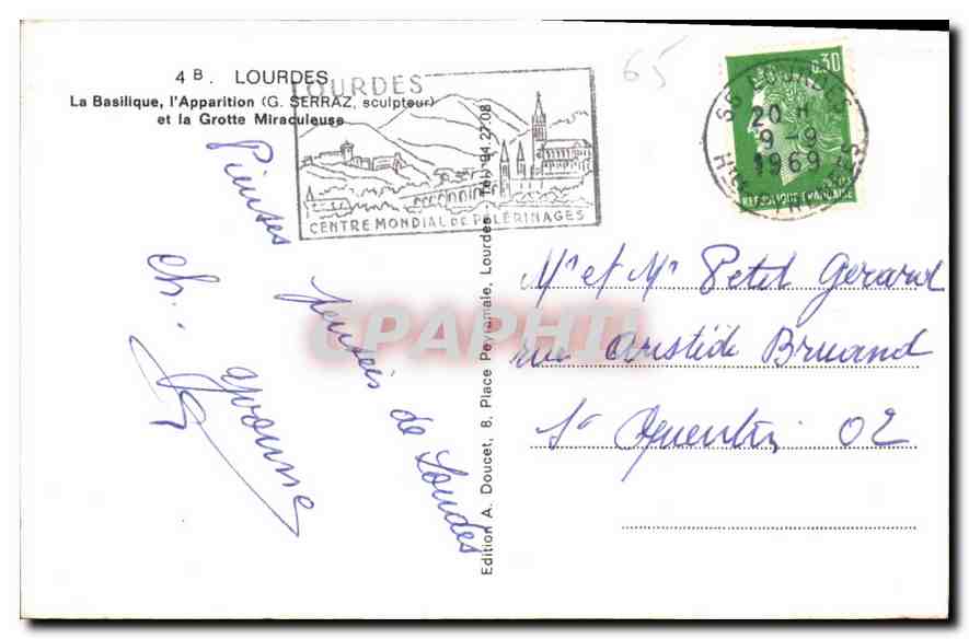 CPA Lourdes la Basilique l'Apparition G Serraz Sculpteur et la Grotte Miraculeuse  — Verso