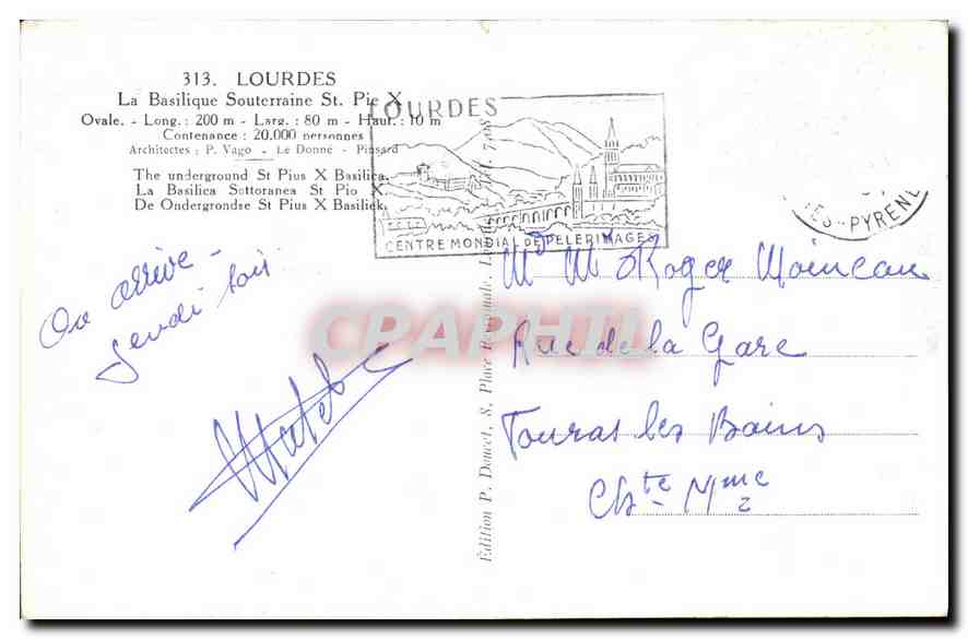 CPA Lourdes le Fort et Vallee d'Arorlee la Absilique Souterraine St Pie X  — Verso