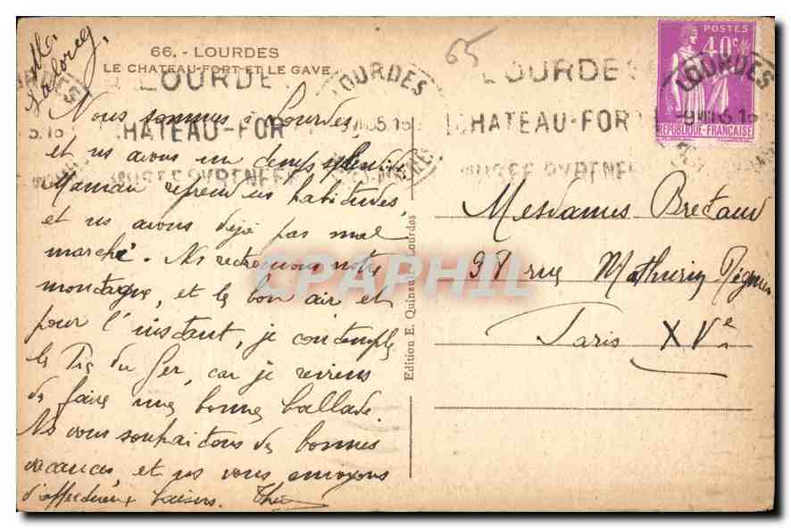CPA Lourdes Le Chateau Fort et le Gave  — Verso