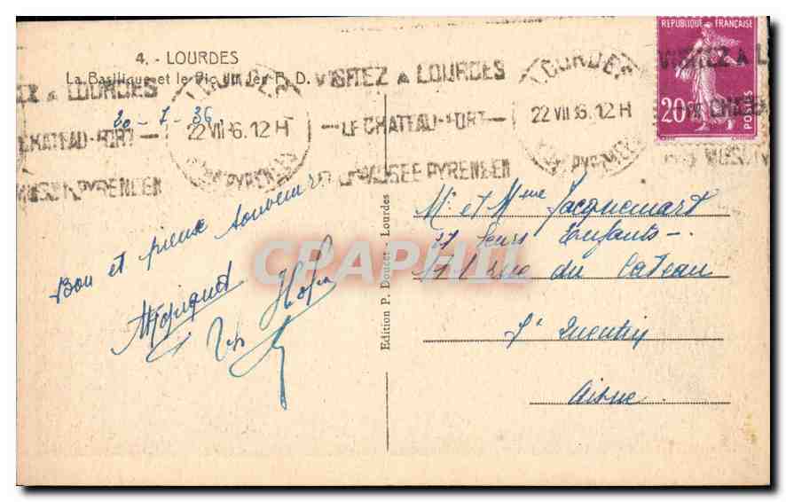 La Basilique et le Pic du Dôme à Lourdes — Édition P. Douet, Lourdes — Verso