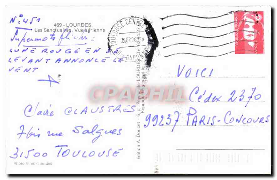 Lourdes — Vue aérienne — Edition A. Doucet — Verso