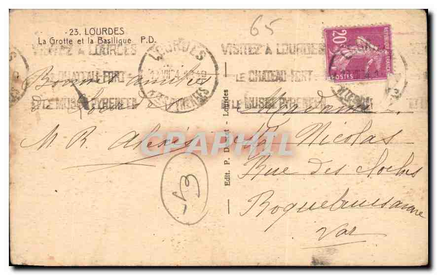 CPA Lourdes La Grotte et la Basilique  — Verso