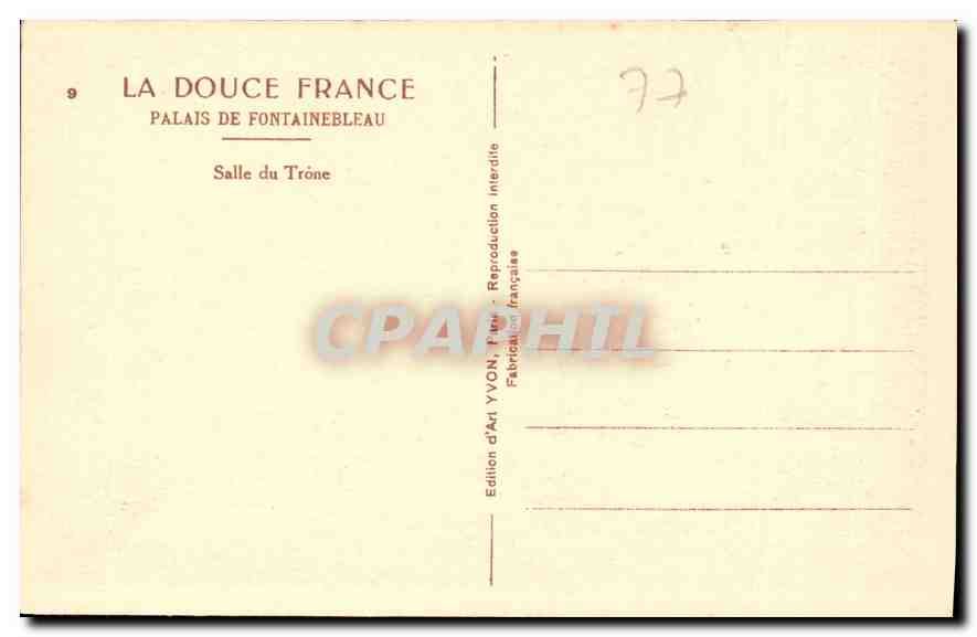 Salle du Trône — Palais de Fontainebleau — Édition d'Art YVON, Paris — Verso