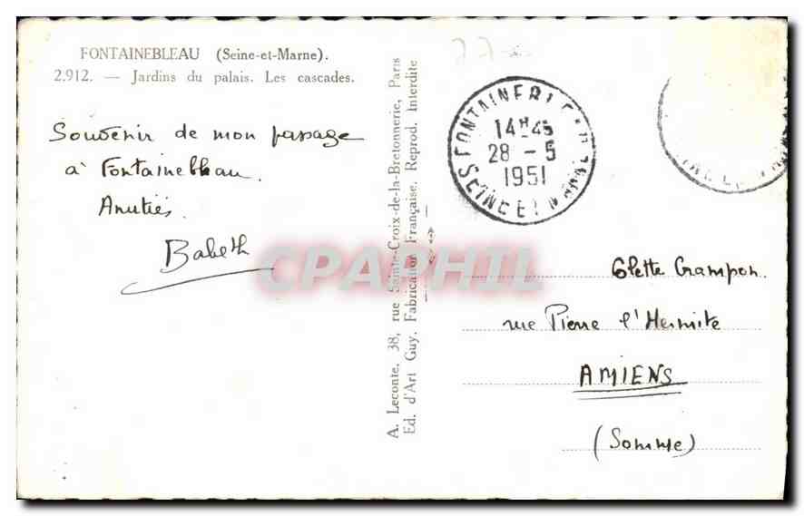 Fontainebleau — Jardines del palacio. Las cascadas — Ed. A. Leronte, rue Sainte-Croix-de-la-Bretonnerie, París — Reverso