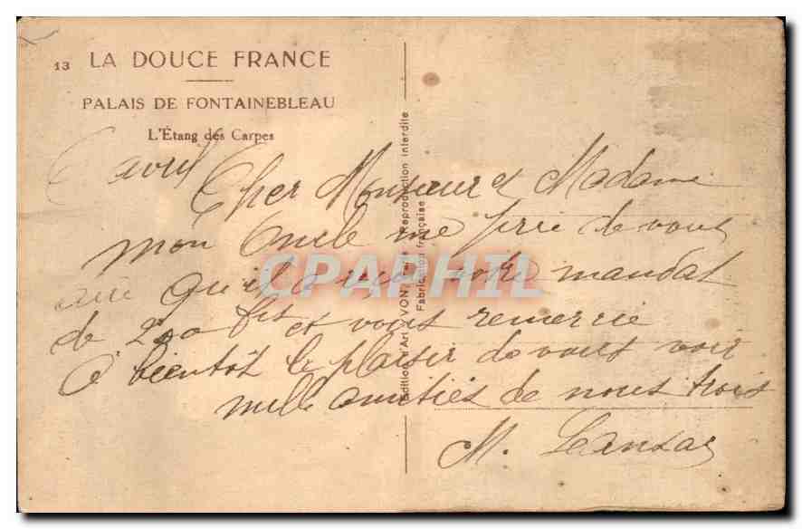 Palacio de Fontainebleau — El Estanque de las Carpes — Editor La Douce France, n°13 — Reverso