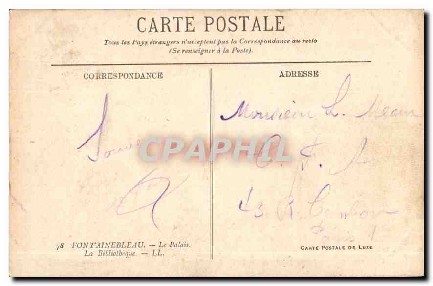 Fontainebleau — Le Palais — La Bibliothèque — Éditeur LL. — Verso