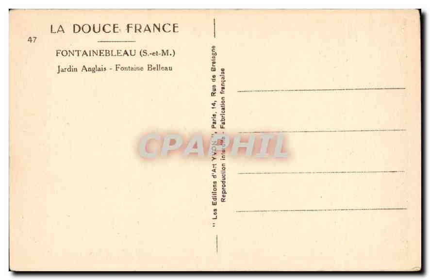 Jardín Inglés - Fuente Belleau — Fontainebleau (S.-et-M.) — Edición de Arte YVON — Reverso