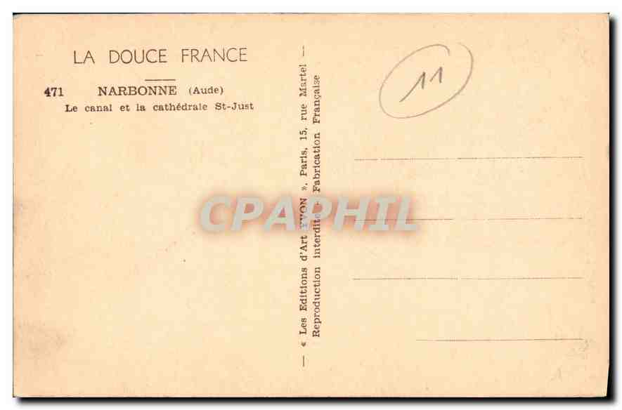 NARBONNE (Aude) — Der Kanal und die Kathedrale St-Just — Les Éditions d'Art Française — Rückseite