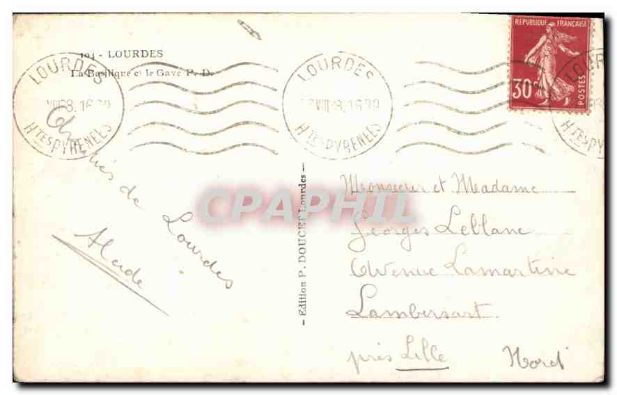 CPA Lourdes la Basilique et le Gave  — Verso