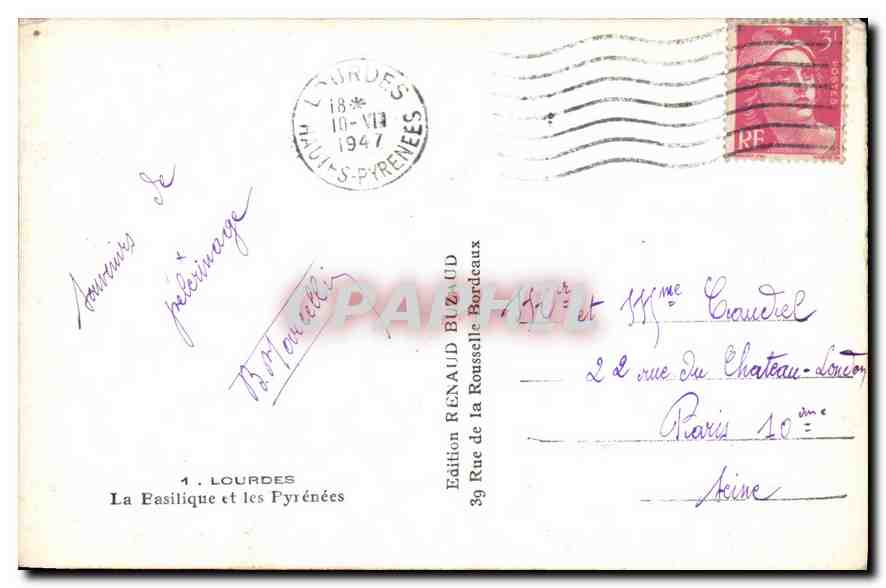 CPA Lourdes la Basilique et les Pyrenees  — Verso
