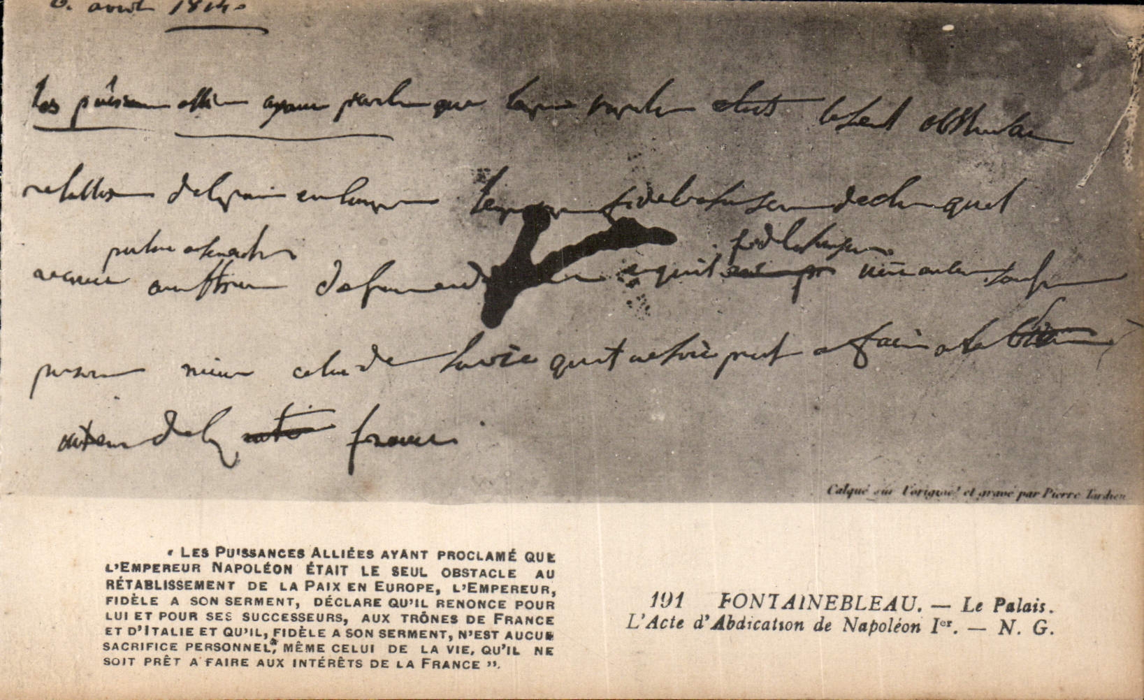 Fontainebleau — El acto de abdicación de Napoleón I — N.G. — Calco sobre el original y grabado por Pierre Larcher