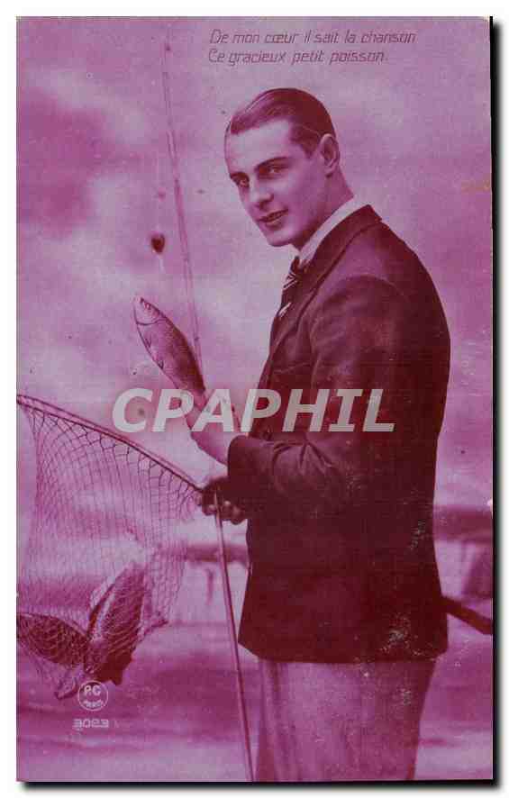 Homme en costume tenant un filet de pêche — texte imprimé — éditeur P-C Paris, n° 3023