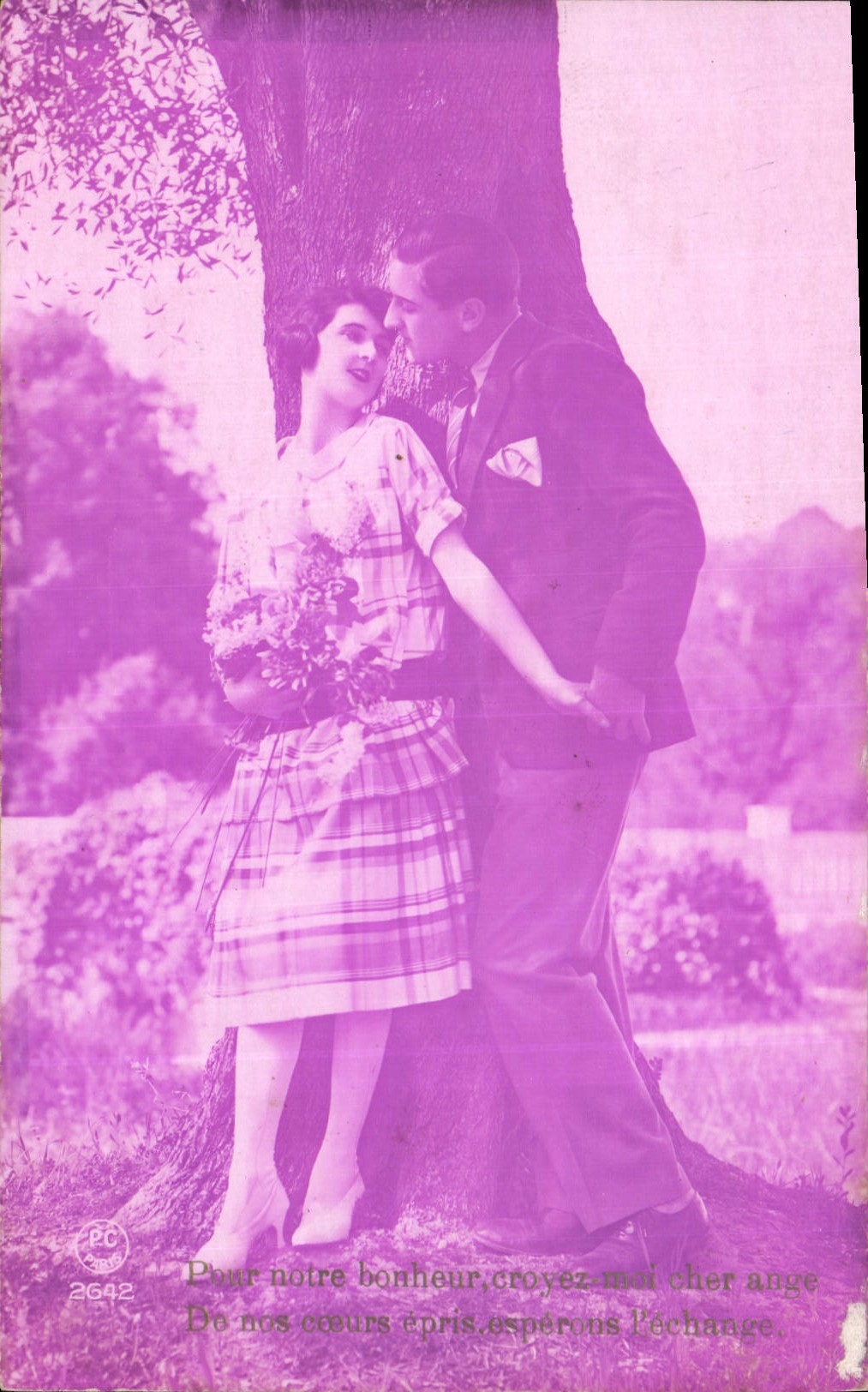 Couple amoureux sous un arbre — texte imprimé — éditeur BC, n° 2642