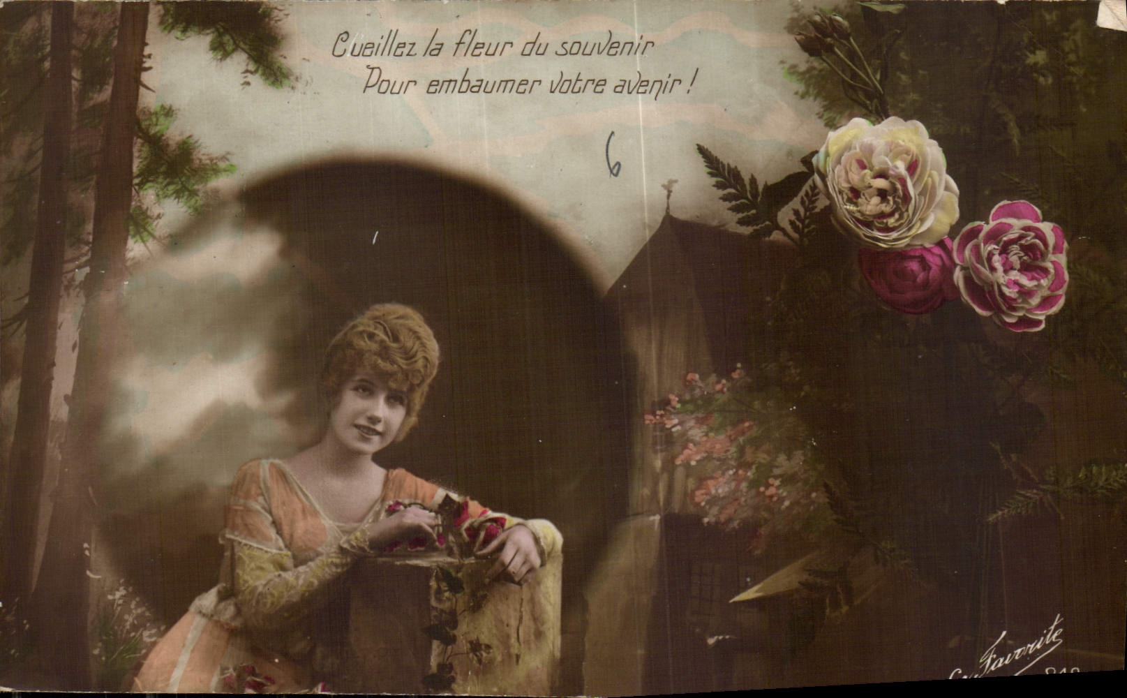 Femme au jardin — texte imprimé et roses — éditeur C. Jourrute, n° 6