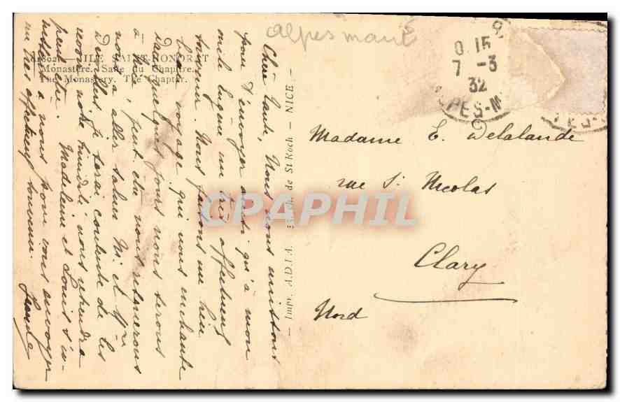 Innenansicht des Klosters Saint-Nicolas — Alpes-Maritimes — unbekannter Verleger — Rückseite