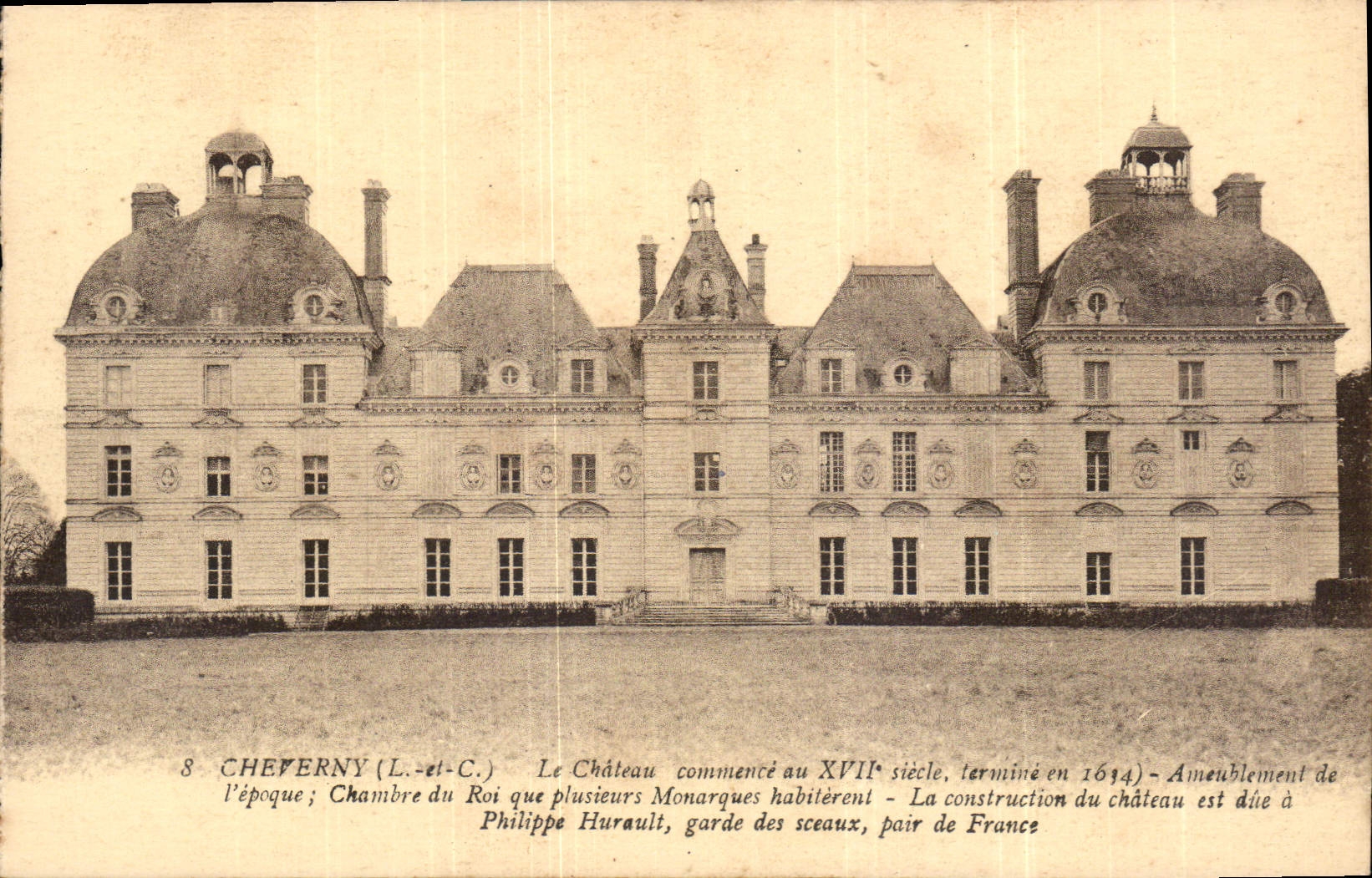 Château de Cheverny — Vue du château avec inscription historique — Éditeur L.-et-C., n°8