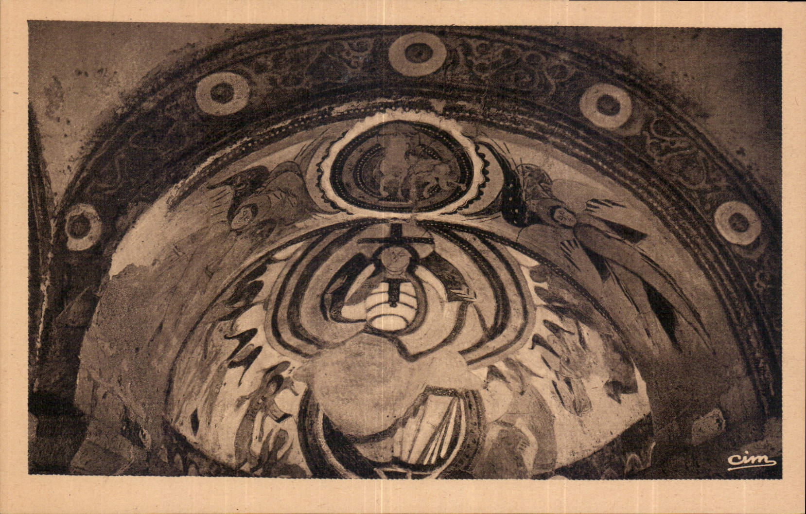 Montoire (L.-et-Ch.) — Chapelle Saint-Gilles (XIe siècle) — Détails des fresques de la voûte de l'abside principale — Mellogravure JUBIER MACON