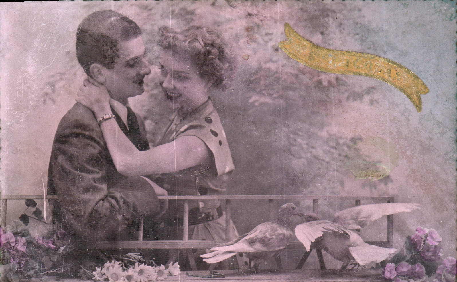 Couple amoureux — pigeons et fleurs — ARS, Série 1002
