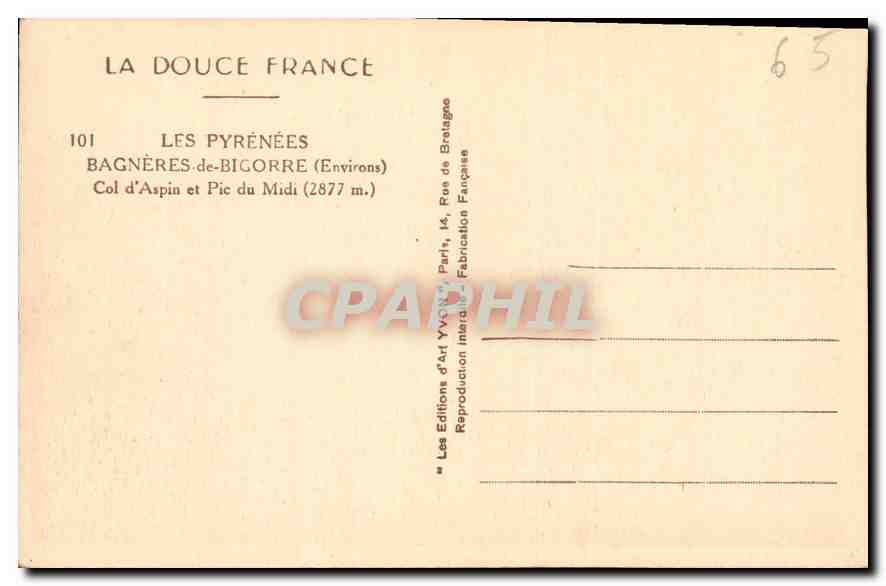 CPA La Douce France Les Pyrenees Bagneres de Bigore Environs col d'Aspin et Pic du Midi  — Verso