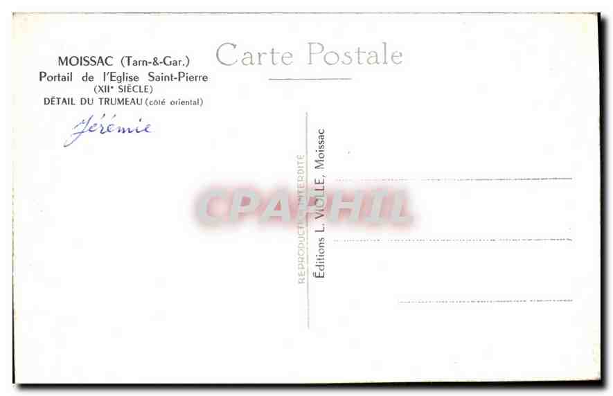 Moissac (Tarn-&-Gar.) — Portail de l'Église Saint-Pierre, détail du trumeau (côté oriental) — Éditions L. Viollé, Moissac — Reverso