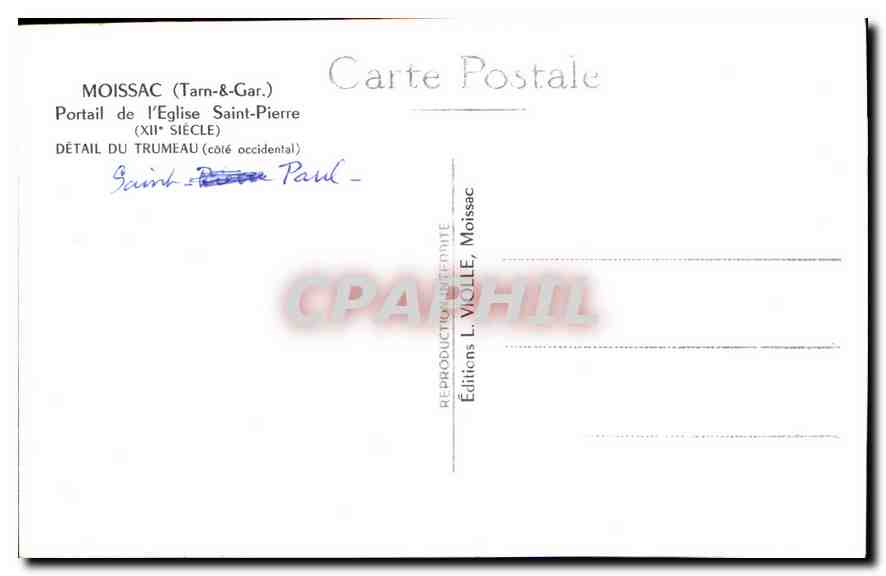 Moissac (Tarn-&-Gar.) — Portail de l'Église Saint-Pierre, détail du trumeau (côté occidental) — Éditeur L. Violle — Rückseite