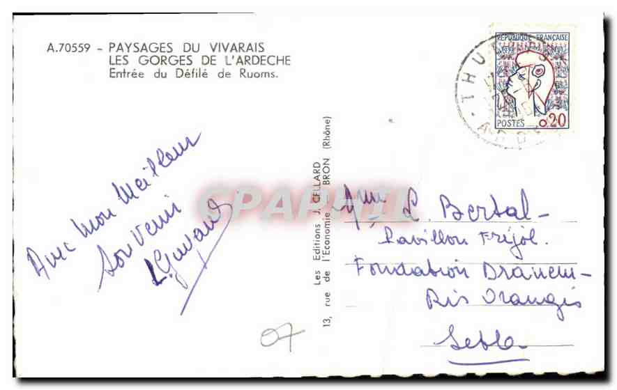 CPA Paysages du Vivarais les Gorges de l'Ardeche Entree du Defile de Ruoms  — Rückseite