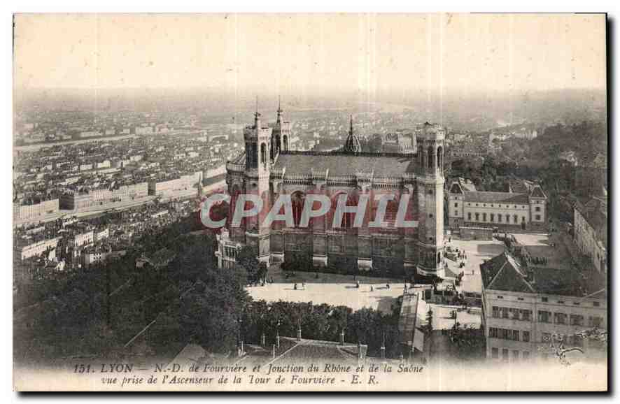 CPA Lyon N D de Fourviere et Jonction du Rhone et de la Saone vue prise de l'Ascenseur de la Tour de