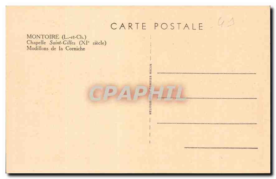 Montoire (Loire-et-Cher) — Chapelle Saint-Gilles (XIe siècle) — Modillons de la Corniche — éditeur Heliosgraphe Pomber Macon — Verso