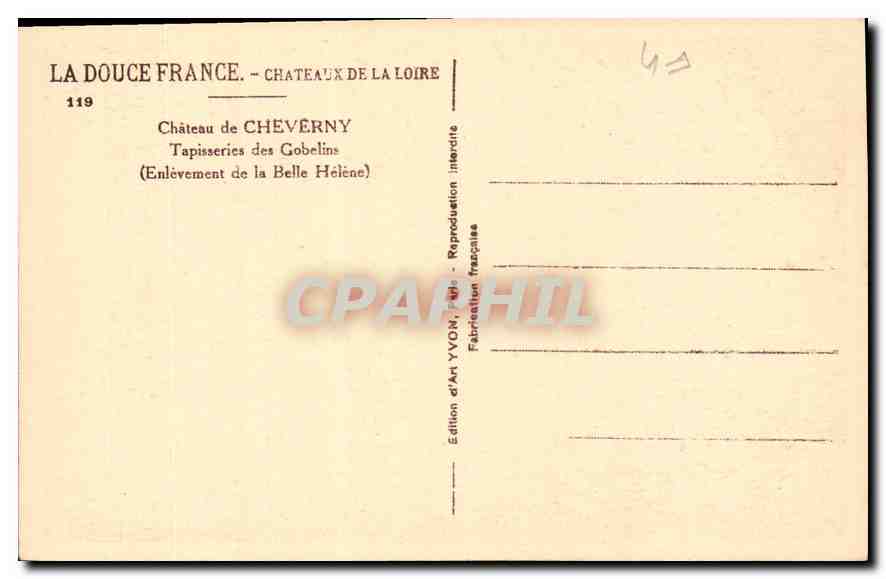CPA La Douce France Chateaux de la Loire Chateau de Cheverny Tapisseries des Gobelins  — Rückseite