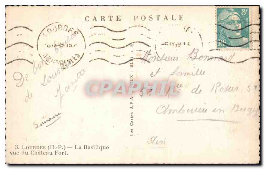 CPA Lourdes H P La Basilique vue du Chateau Fort  — Verso