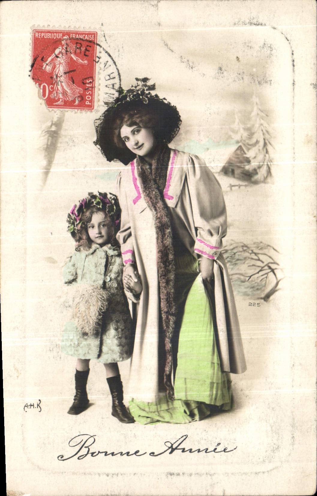 Mère et enfant — scène hivernale — éditeur A.H.R. n°225