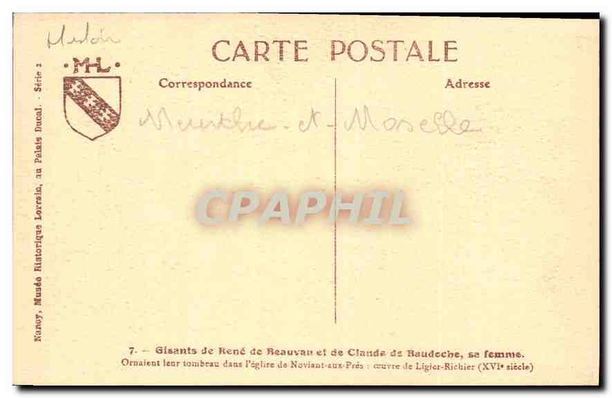 CPA Gisants de Rene de Beauvau et de Claude de Baudoche sa femme Eglise de Noviant aux Pres — Rückseite