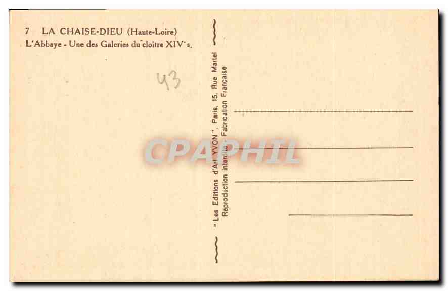 CPA La Chaise Dieu Haute Loire l'Abbaye une des Galries du cloitre XIV s  — Rückseite