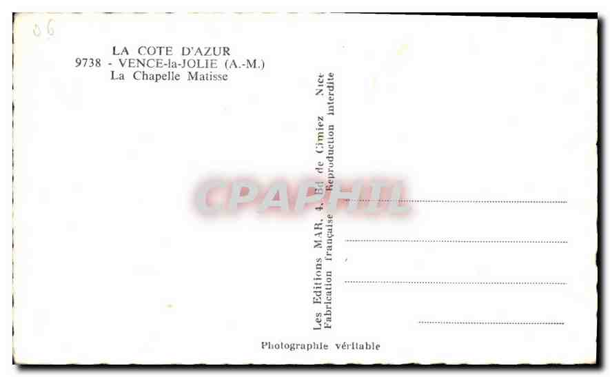CPM La Cote d'Azur Vence la Jolie A M la Chapelle Matisse  — Rückseite