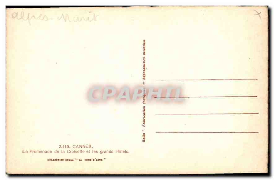 CPA Cannes la Promenade de la Croisette et les Grands Hotels  — Rückseite
