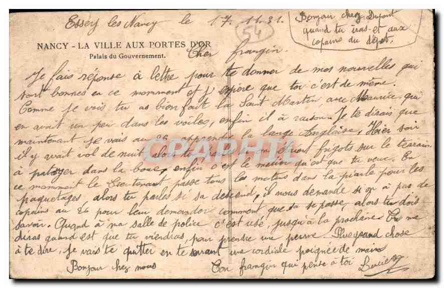 CPA Nancy la Ville aux Portes d'Or Palais du Gouvernement  — Verso