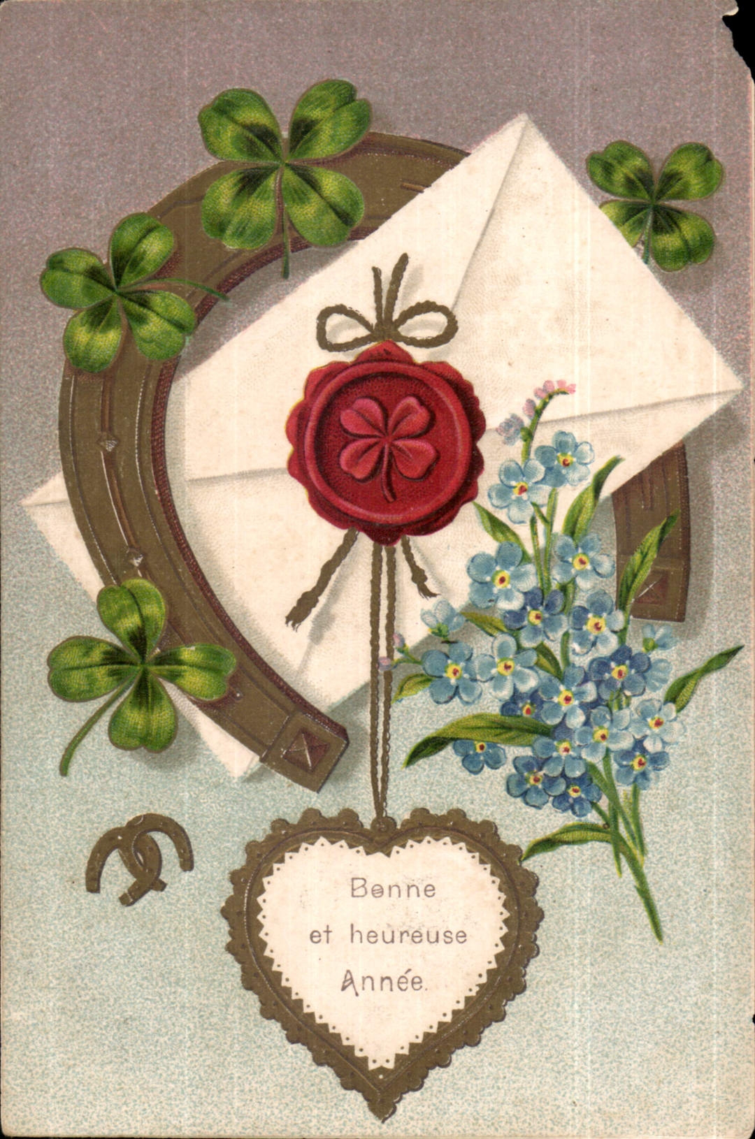CPA Bonne et heureuse Annee Fleurs Fer a cheval