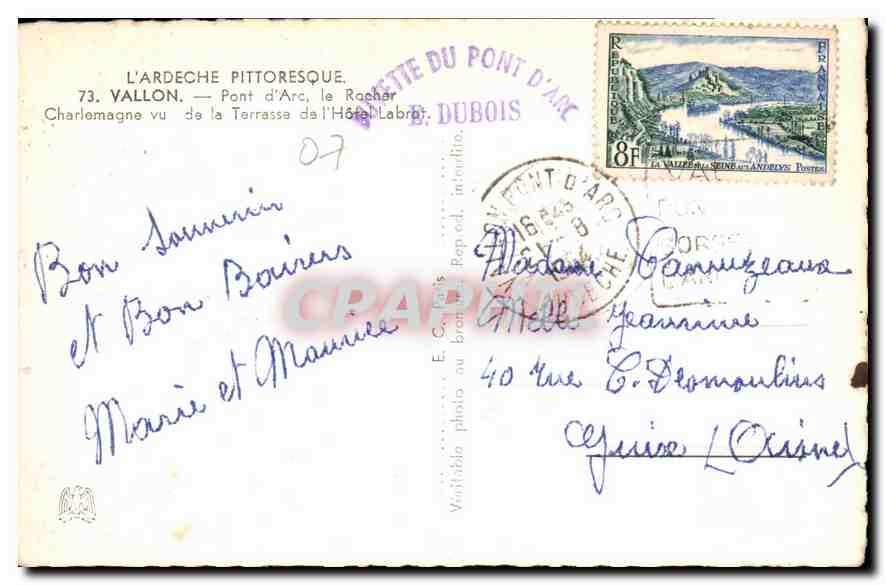 Pont d'Arc — Vue de la Terrasse de l'Hôtel Labrèche — Éditeur E. Dubois — Rückseite