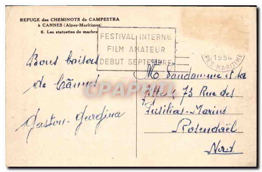CPA Refuge des Cheminots de Campestra a Cannes Alpes Maritimes les statuettes de marbre  — Rückseite