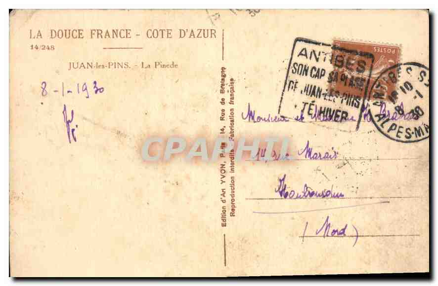 CPA Cote d'Azur Juan les Pins la Pinede  — Verso
