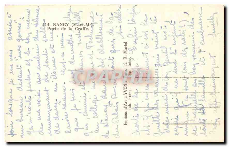 CPA Nancy M et M Porte de la Craffe  — Rückseite