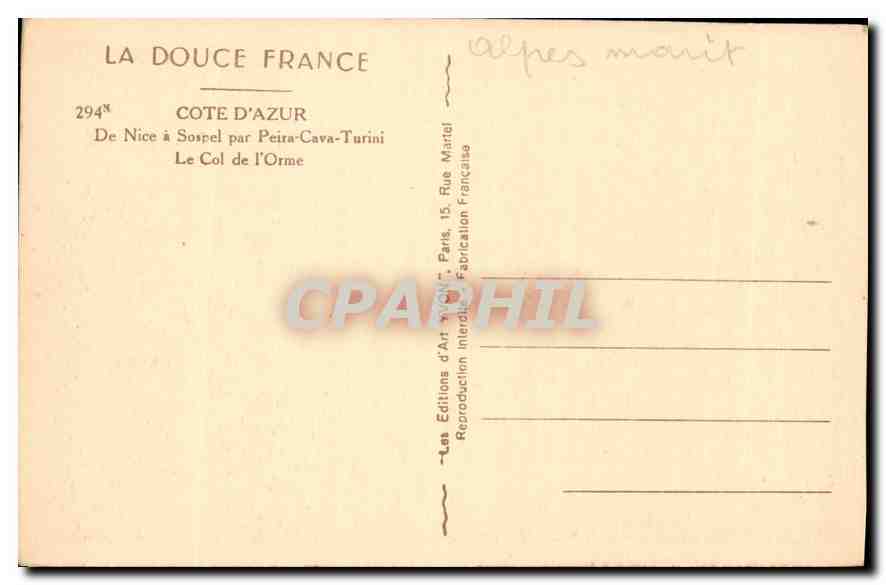 CPA La Douce France Cote d'Azur de Nice a Sospel par Peira Cava Turini le Col de l'Orme  — Rückseite